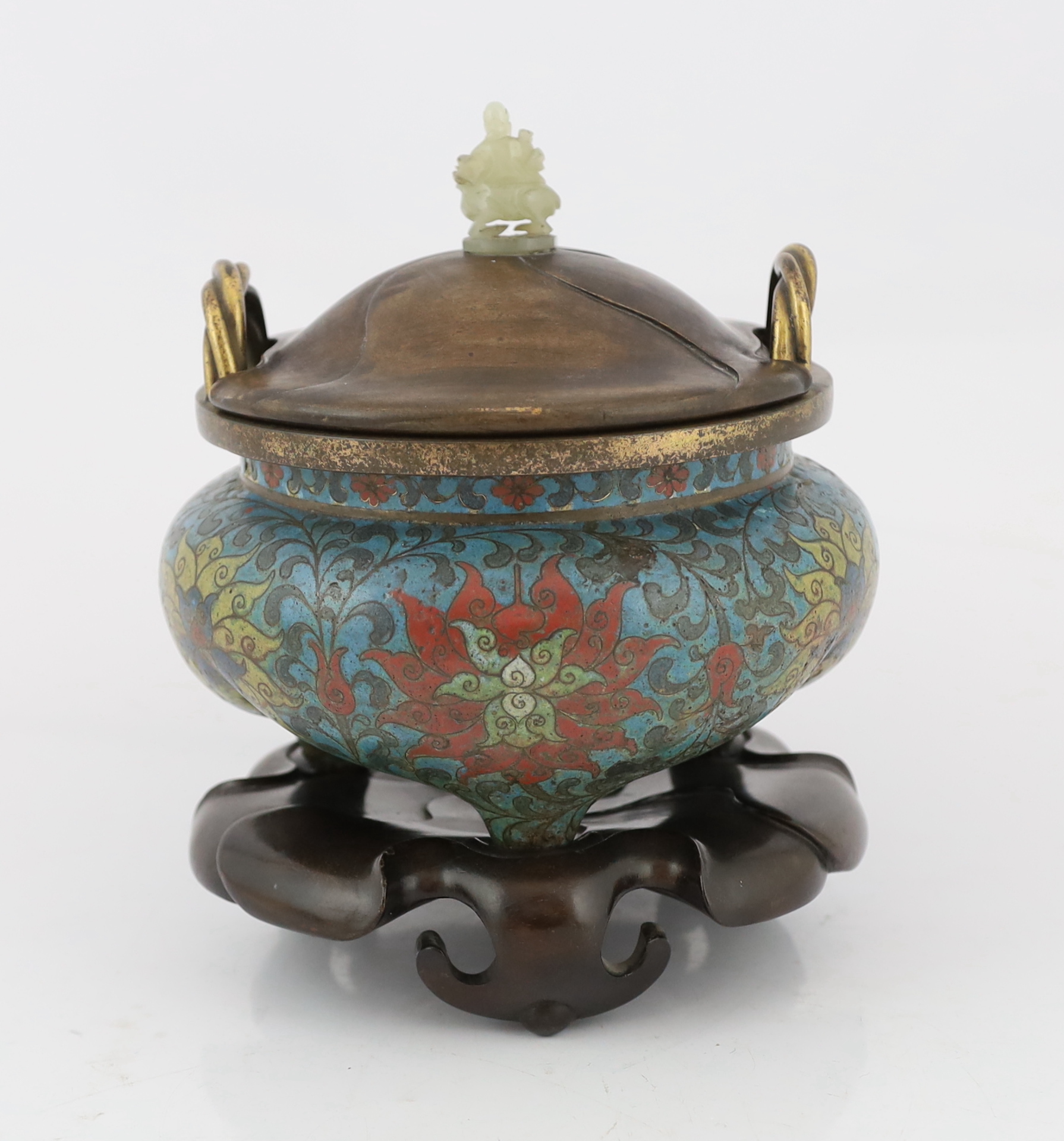 A Chinese cloisonné enamel tripod censer, Li, Xuande six character mark, Ming dynasty, 16th century